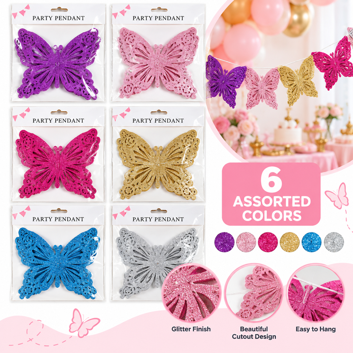 Glitter Butterfly Party Pendant Decoration – 1 pc- EVE1043