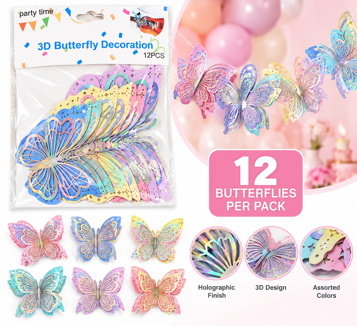 3D Holographic Butterfly Decorations β 12 pcs - EVE1082