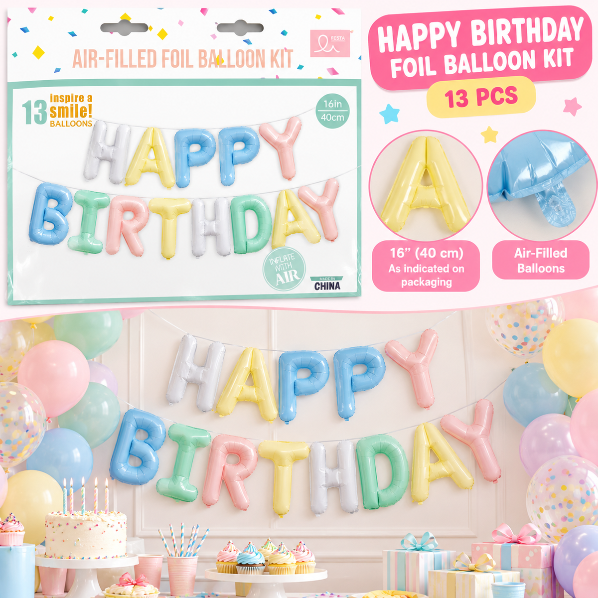Pastel Happy Birthday Foil Balloon Kit – 13 pcs 🎈✨ - EVE1101-4