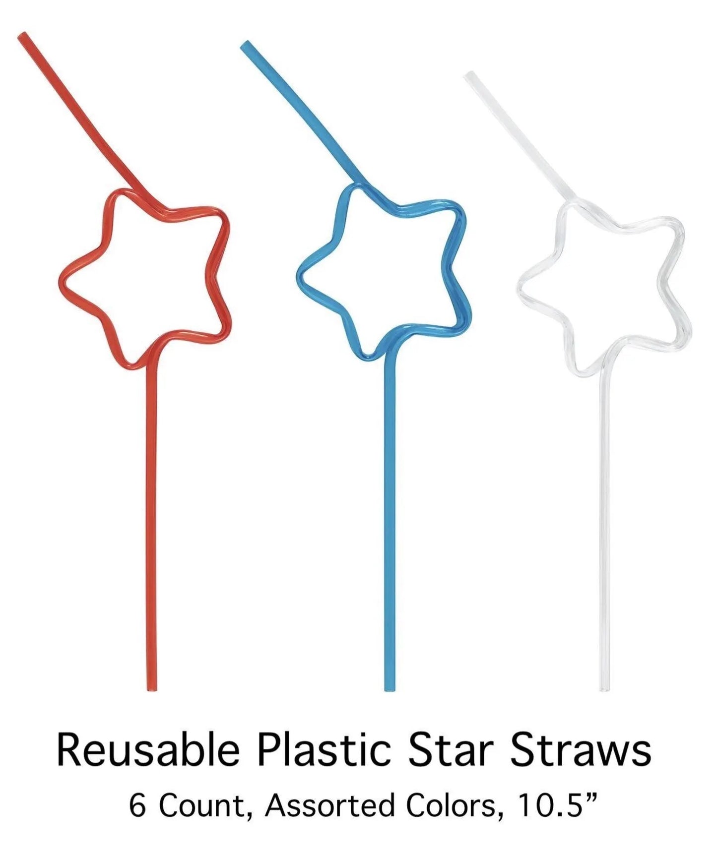 Assorted Red, Clear, and Blue Star Plastic Straws 6ct