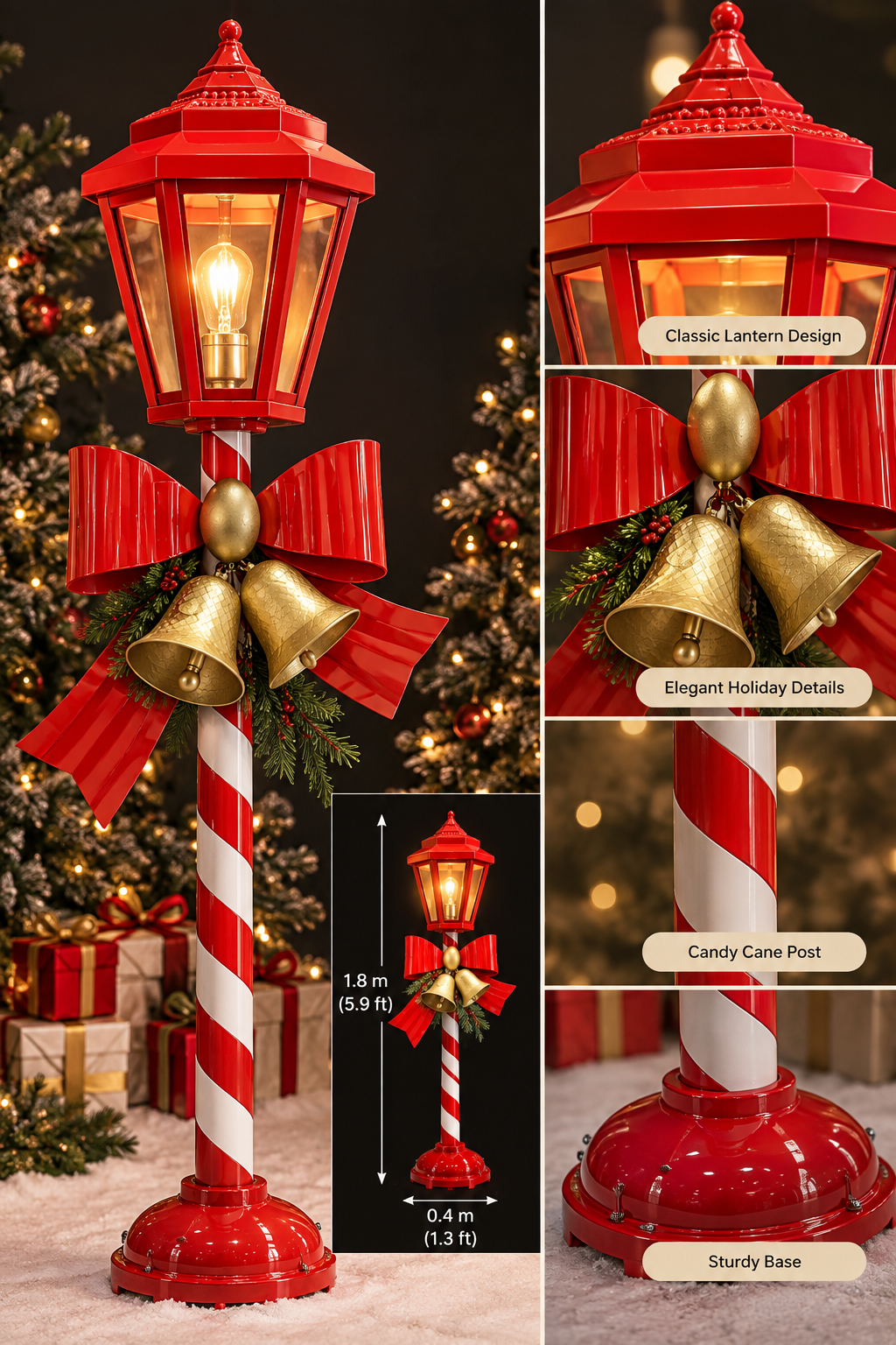 Red Lantern Christmas Lamppost Decoration with Bells & Bow - 19.3x12.6x68.9in - CA1420