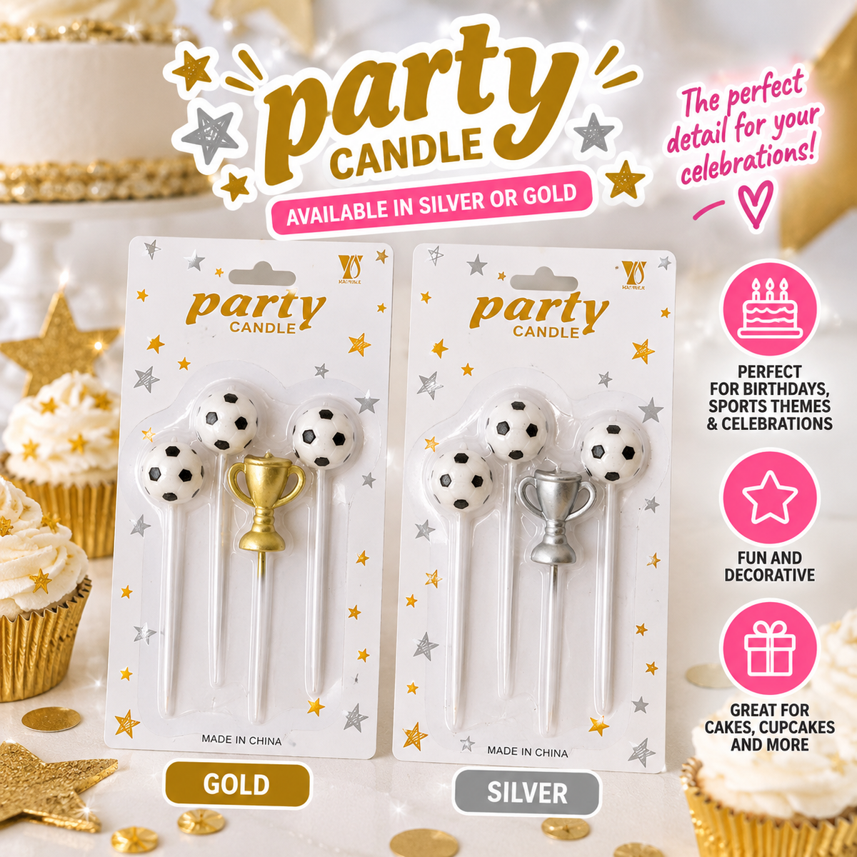 Soccer Party Candles – Gold or Silver- EVE1482