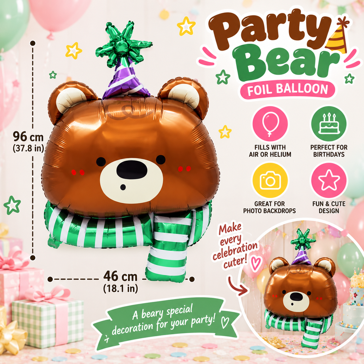 Party Bear Foil Balloon- EVE1103-2