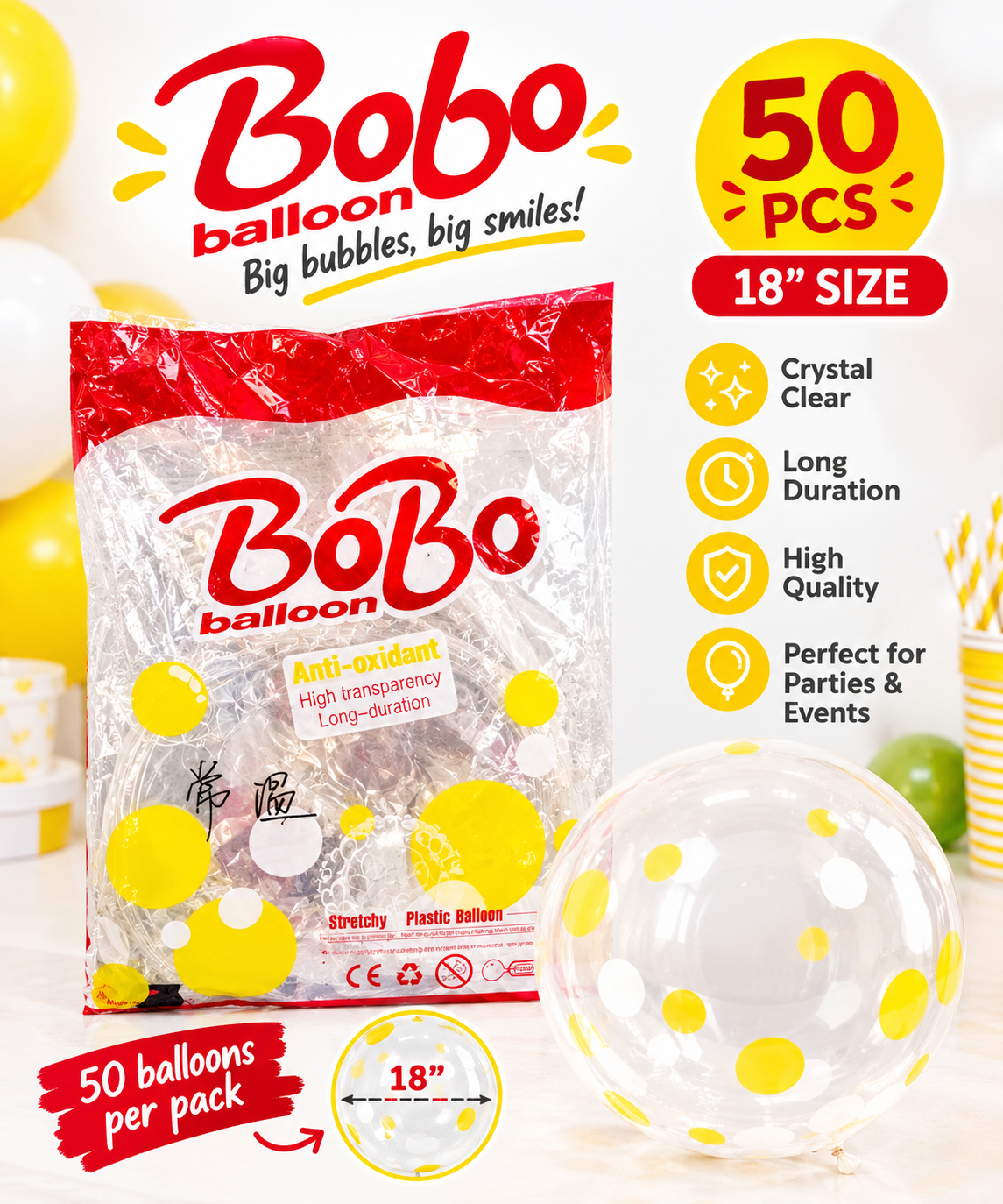 18" Clear Bobo Balloons – 50 Pack |- EVE042-2