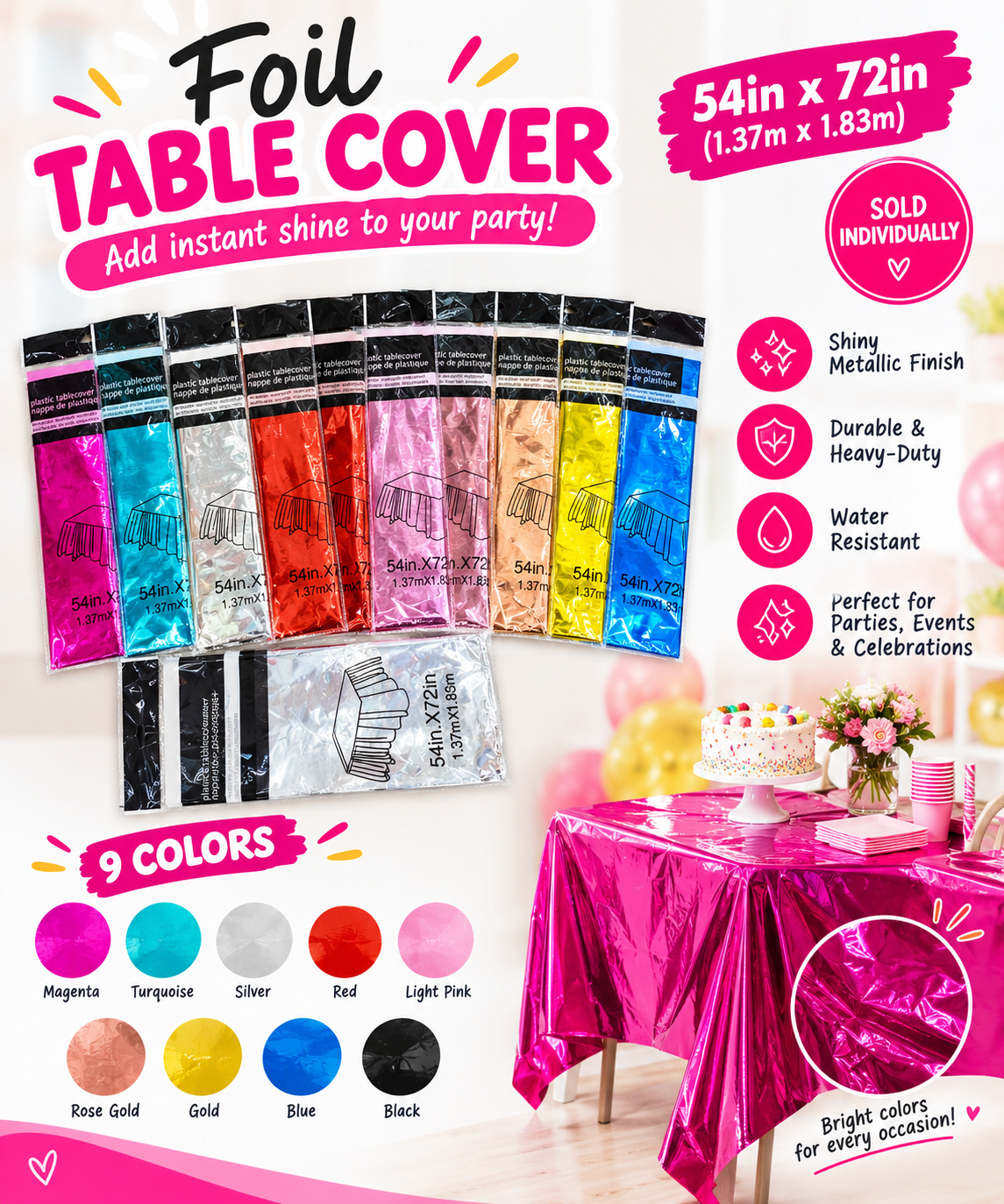 Metallic Foil Party Tablecloth, Assorted Colors, 9-Pack - EVE1040