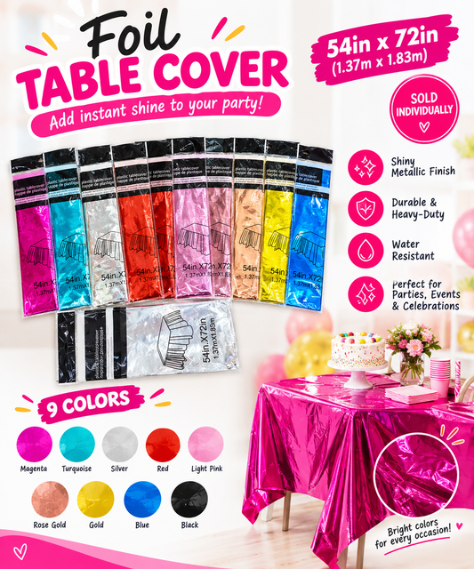 Metallic Foil Party Tablecloth, Assorted Colors, 9-Pack - EVE1040