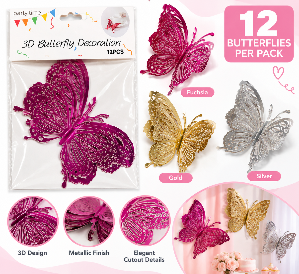 3D Metallic Butterfly Decorations – 12 pcs 🦋✨MA379