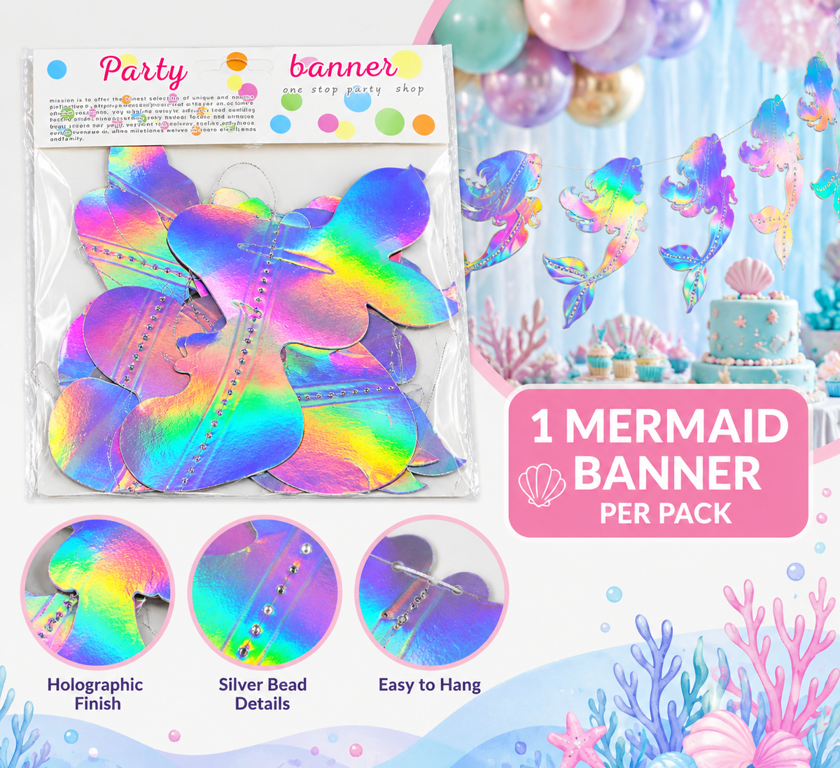 Holographic Mermaid Party Banner – 1 Banner 🧜‍♀️✨MA373