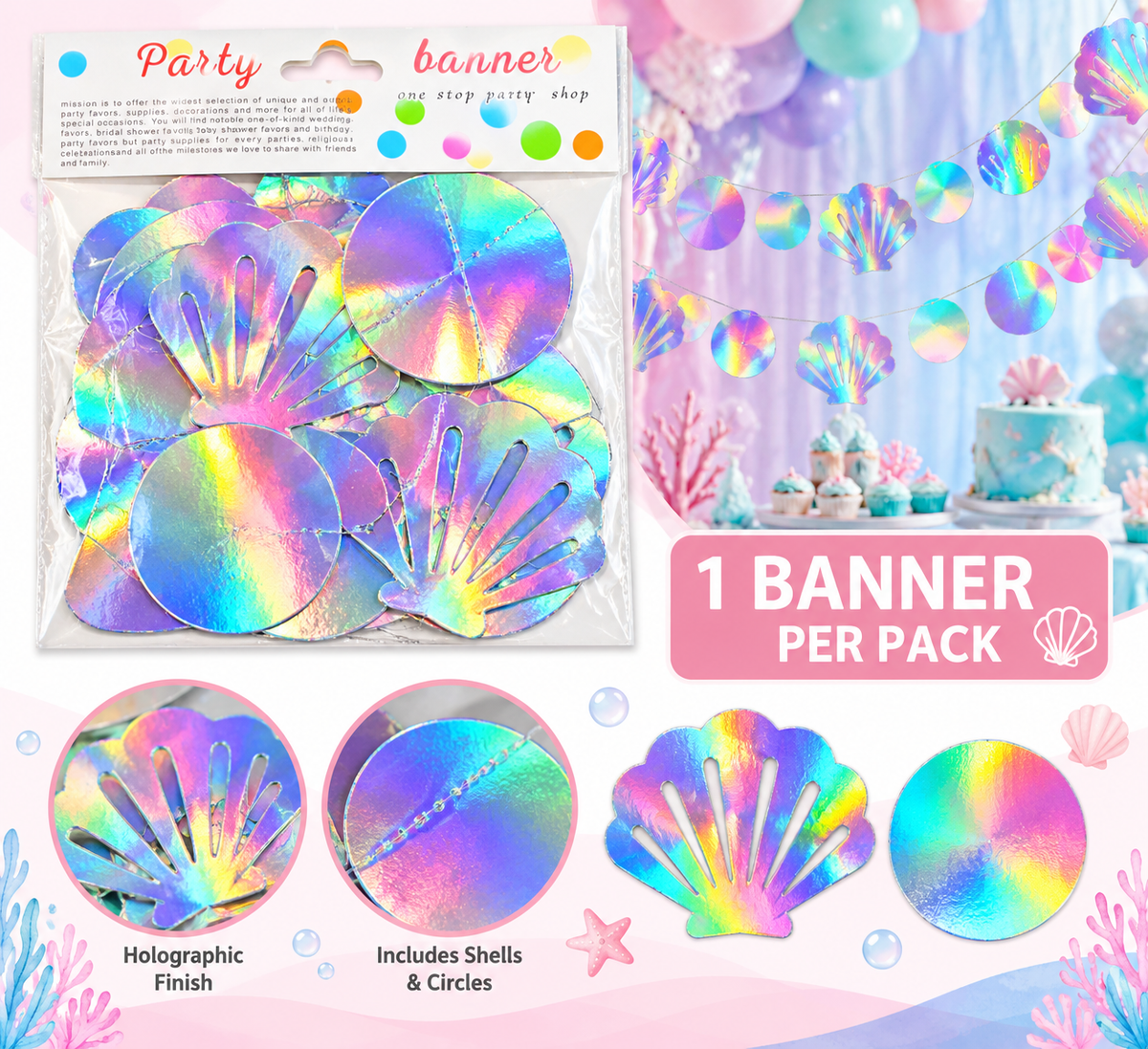 Holographic Party Banner – Seashells or Snowflakes ✨ 🐚✨MA370