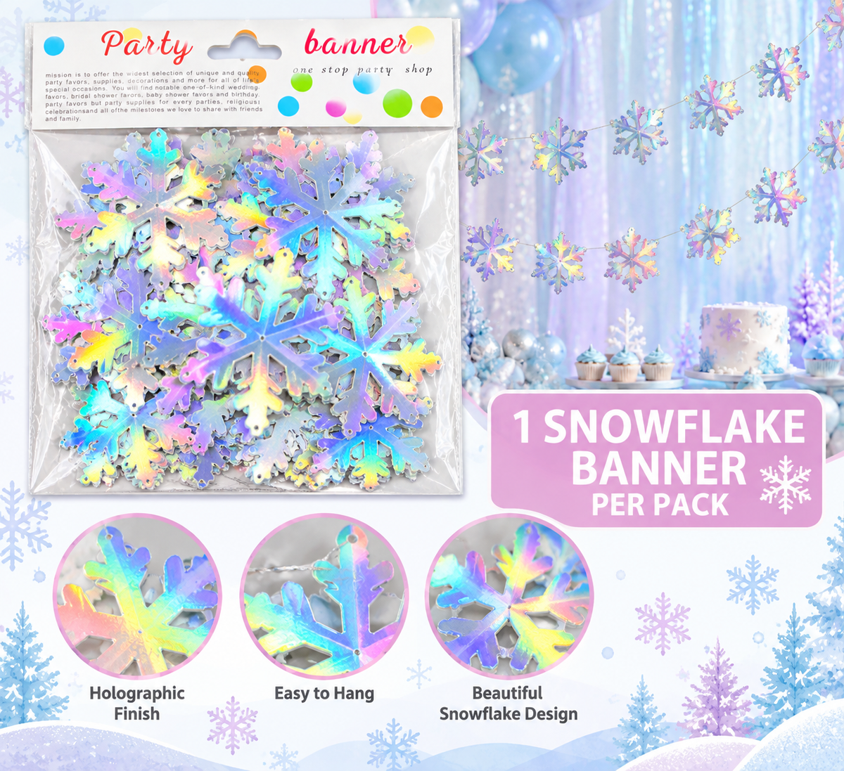 Holographic Party Banner – Seashells or Snowflakes ✨ 🐚✨MA370