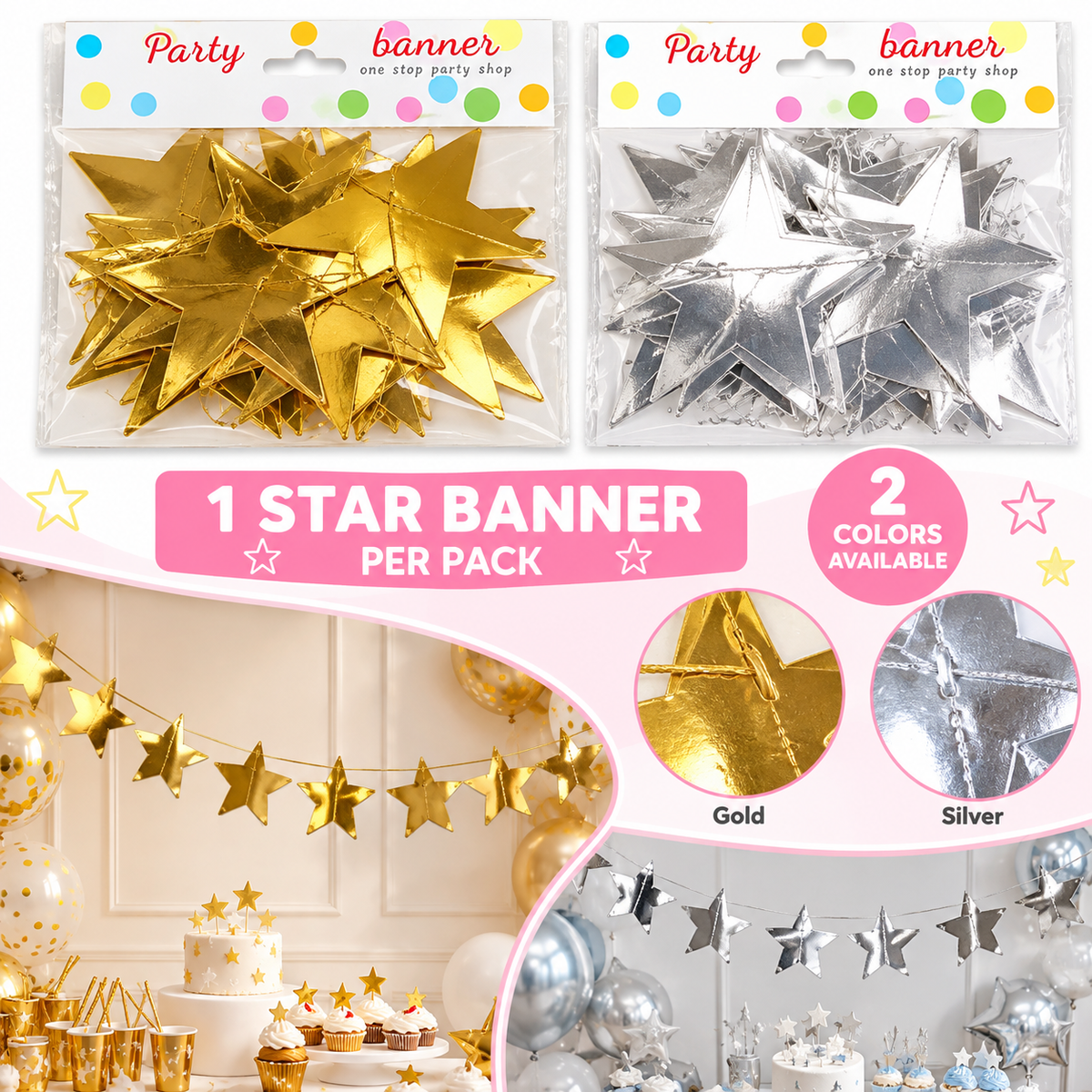 Metallic Star Party Banner – Gold or Silver ⭐✨MA377