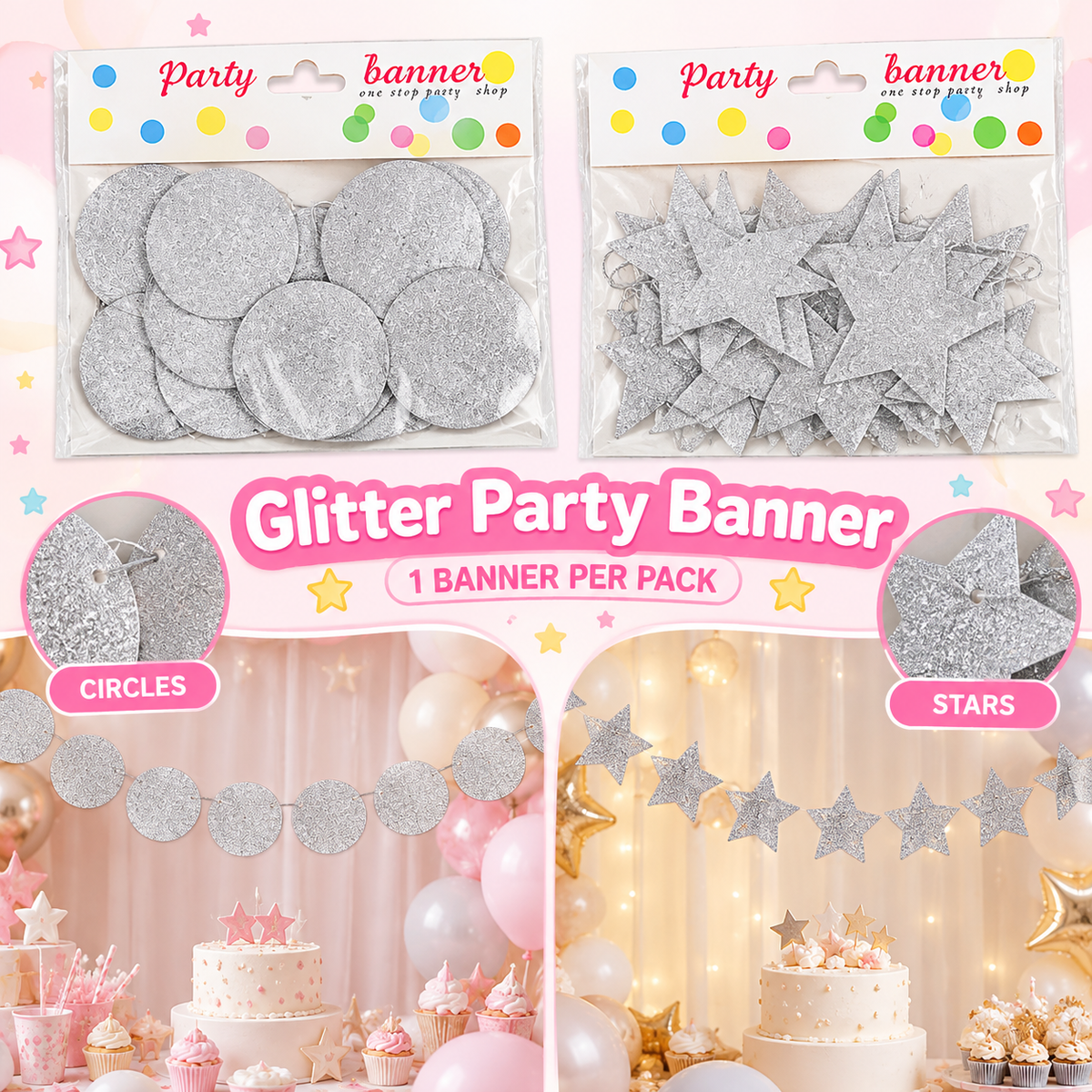 Glitter Circle & Star Party Banner – 1 Banner ✨⭐MA374