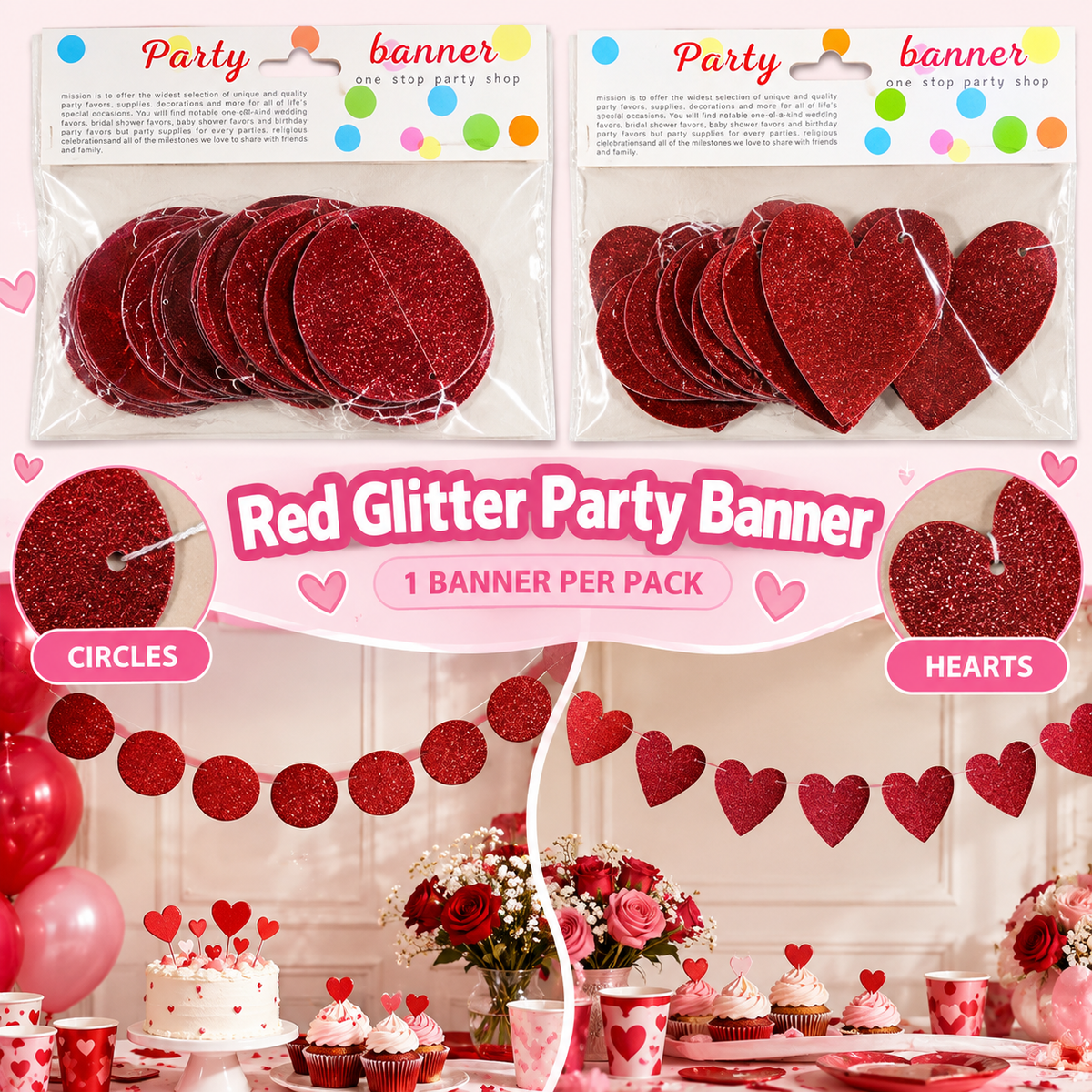 Red Glitter Party Banner – Circles or Hearts ❤️✨MA376