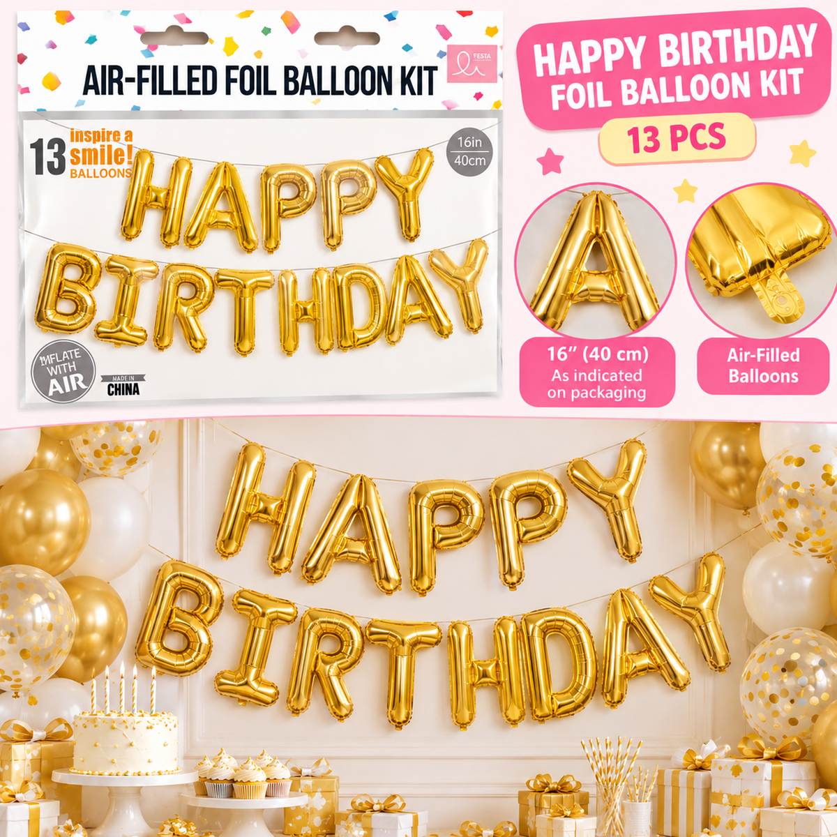 Golden “Happy Birthday” Foil Balloon Kit – 13 pcs 🎈✨ 🎈✨EVE1101-6