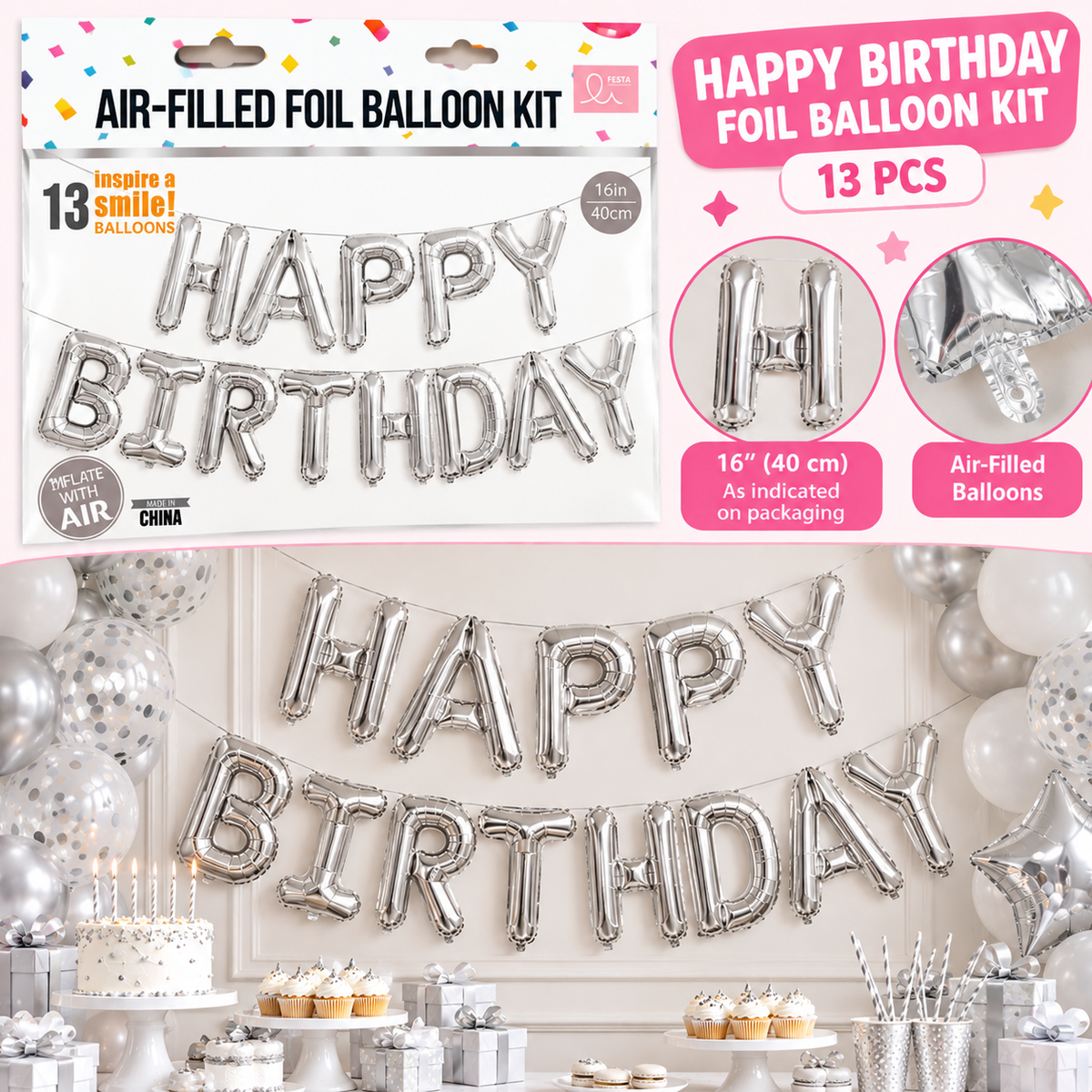 Silver “Happy Birthday” Foil Balloon Kit 🎈✨ - EVE1101-7