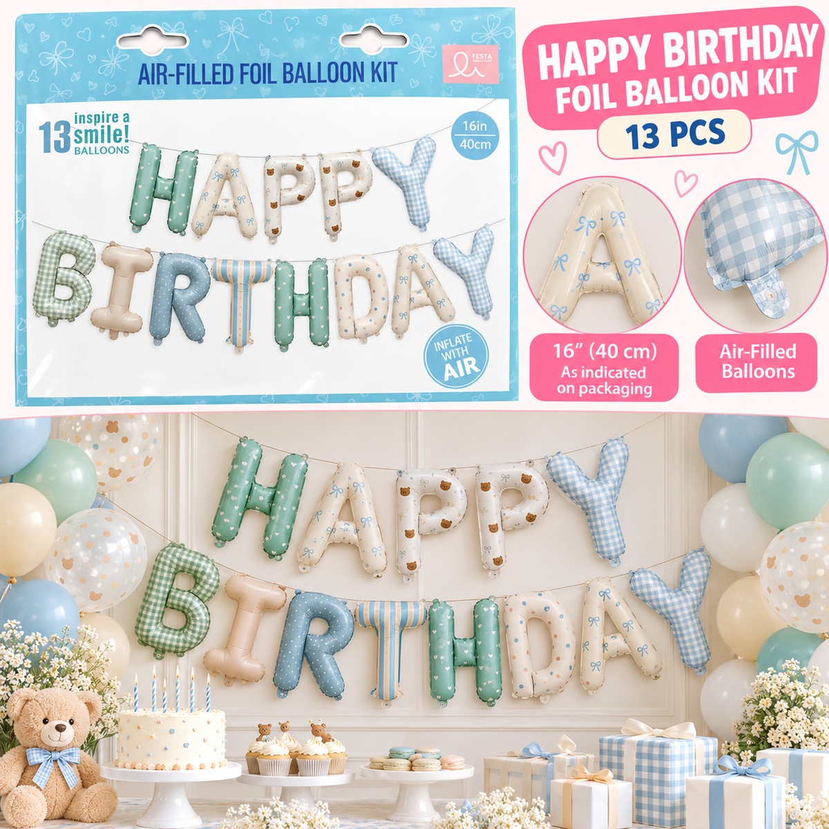 Pastel Pattern Happy Birthday Foil Balloon Kit – 13 pcs 🎈🩵- EVE1101-2