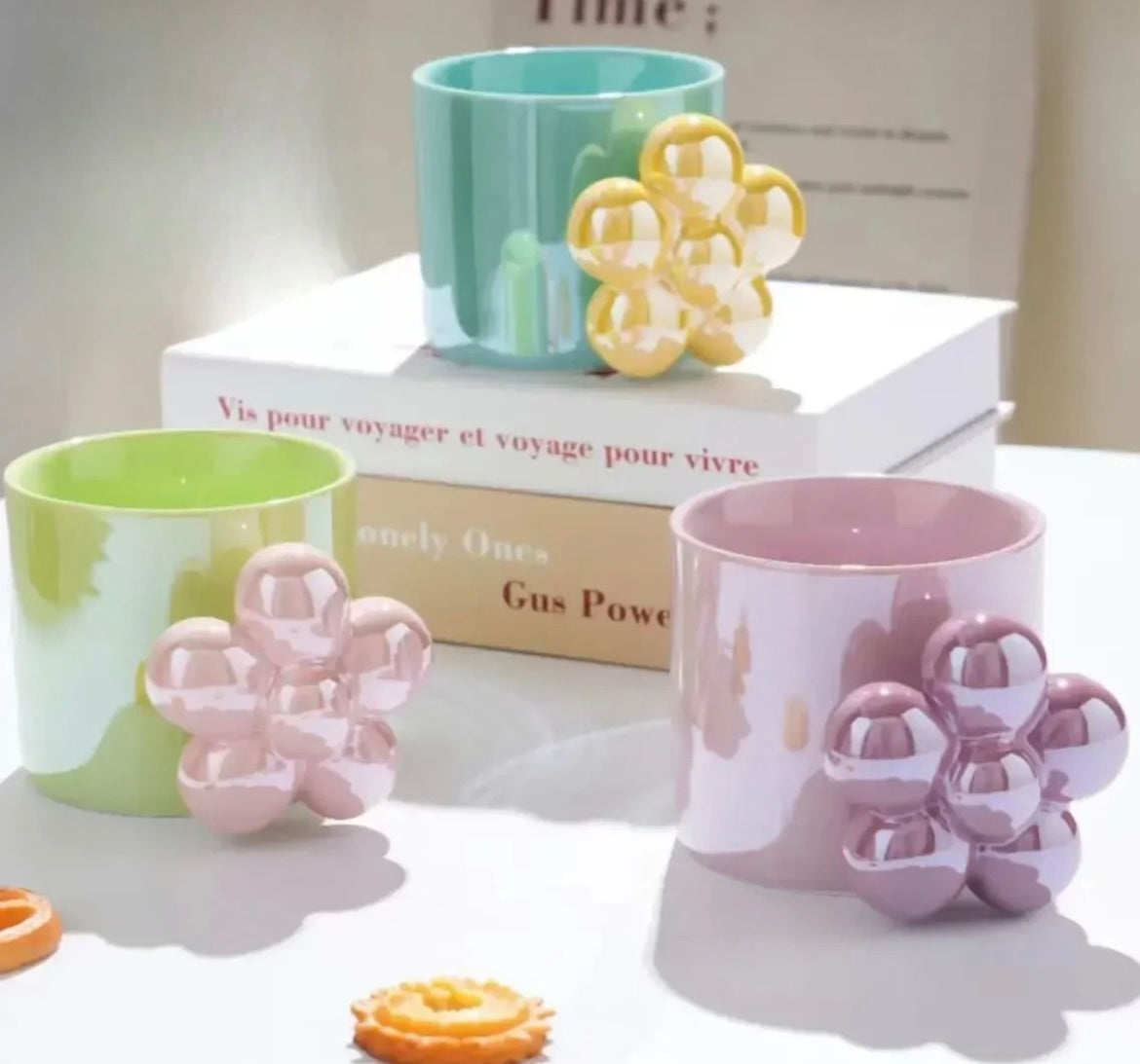 MA491 - Flower Handle Pearl Glaze Ceramic Mug