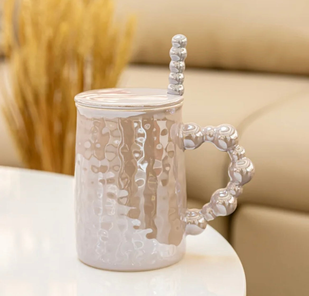 MA492 - Pearl Glaze Ceramic Mug with Spoon and Lid