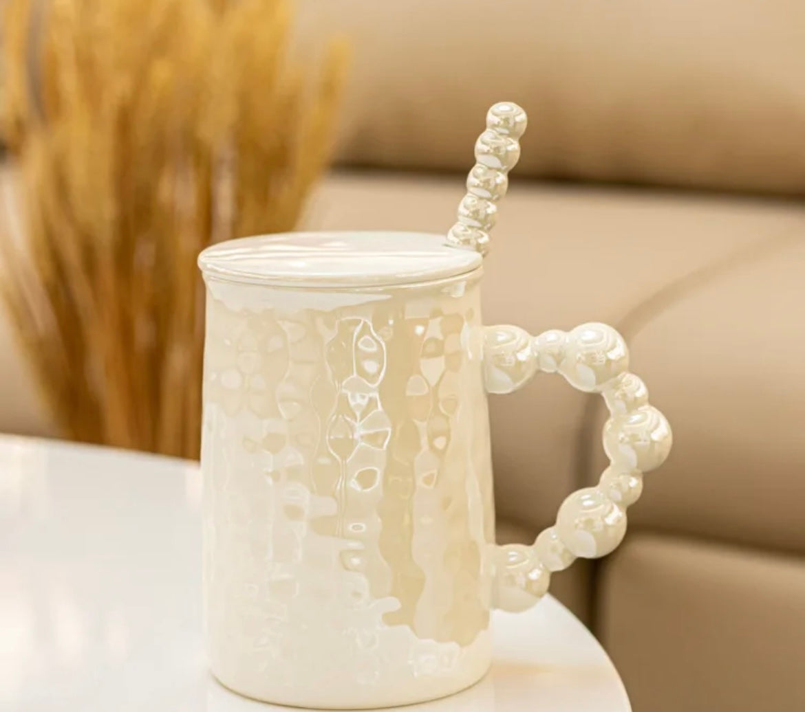 MA492 - Pearl Glaze Ceramic Mug with Spoon and Lid