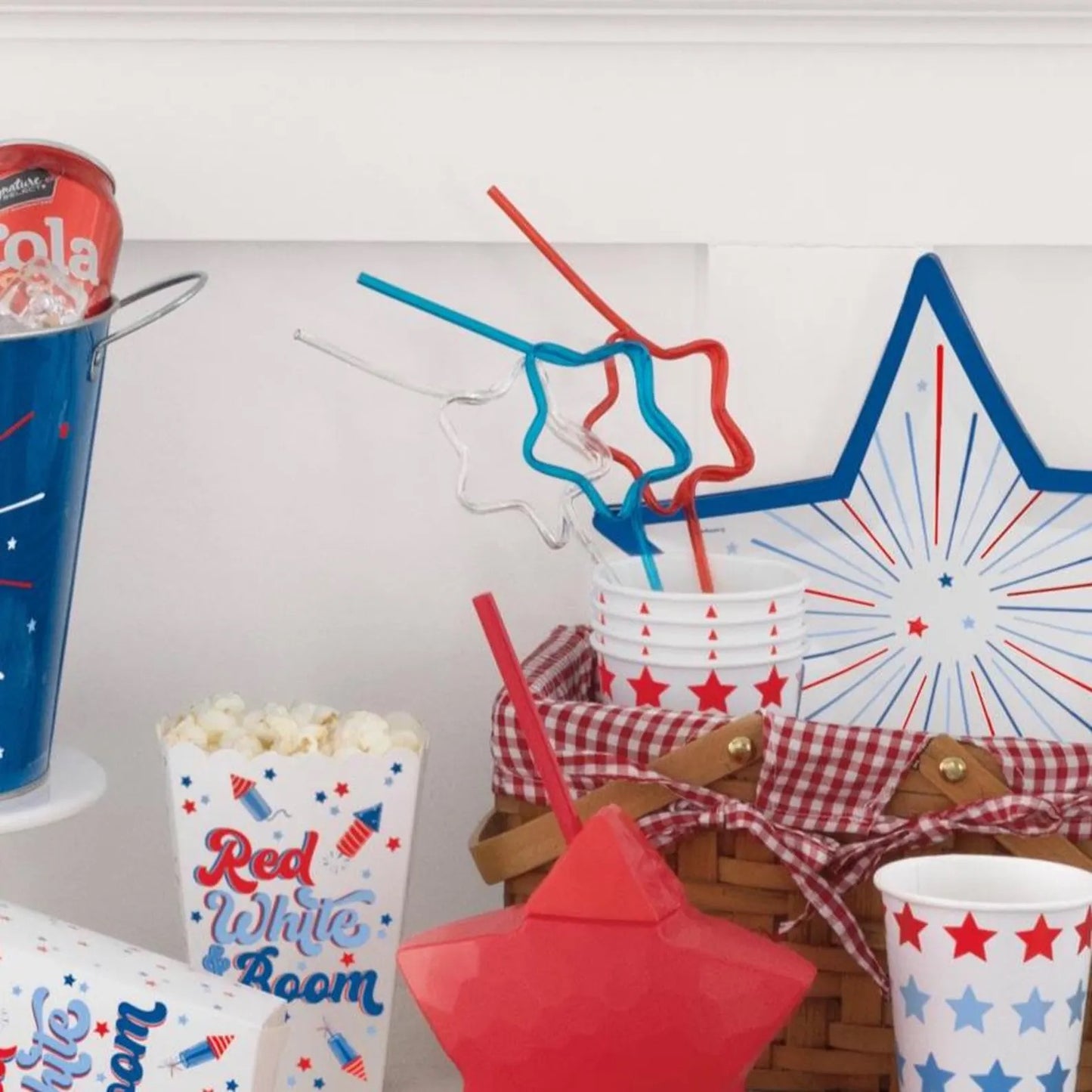 Assorted Red, Clear, and Blue Star Plastic Straws 6ct